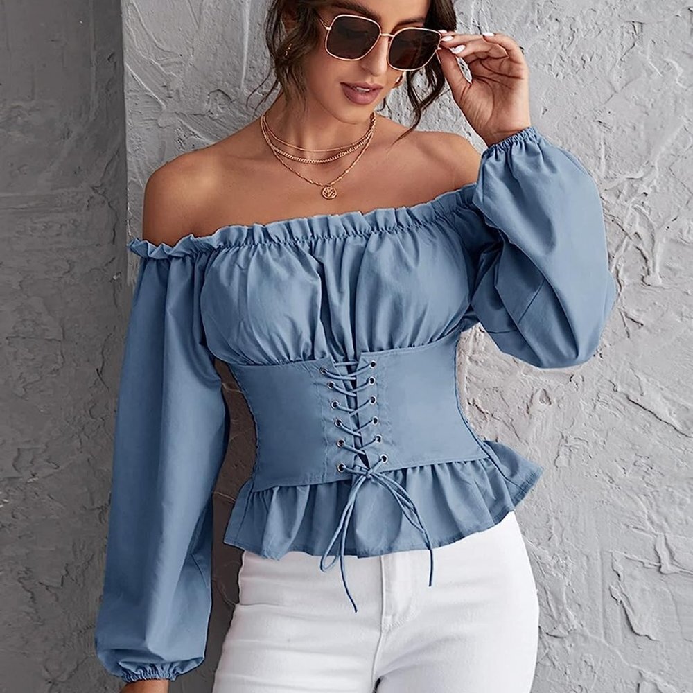 Women Ruffled Off-The-Shoulder Lace-Up Peplum Top Dusty Blue - Picture 6 of 6